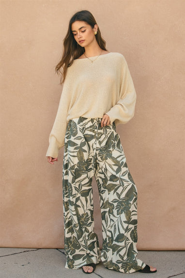 Swaying Palms Button Fly Wide Leg Pants