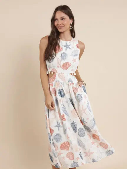 Seashells Side Cutout Maxi Dress W Seashell Trim