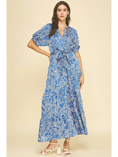 Damask Print Tiered Maxi Dress