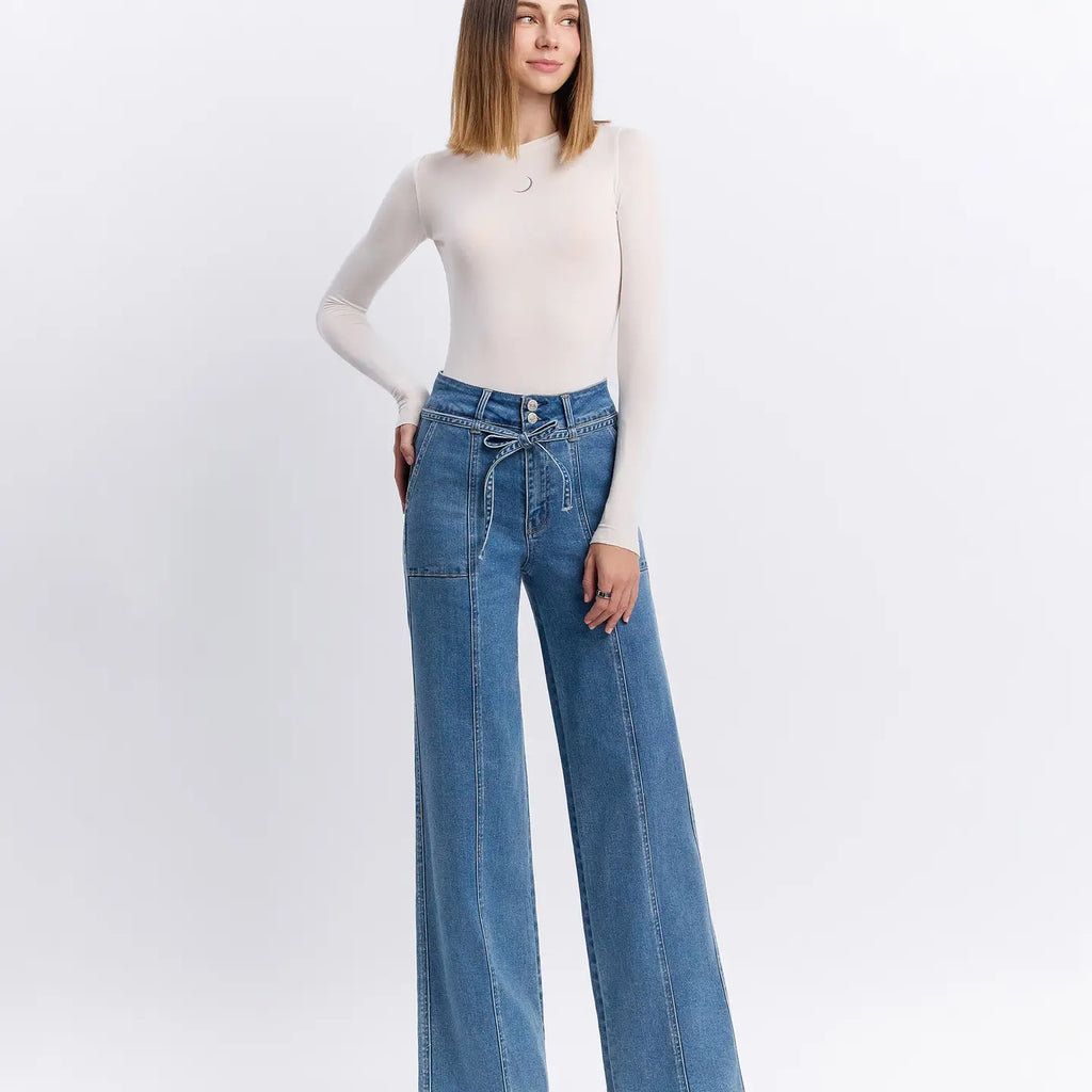 Tia Super High Rise Tie Wide Leg Jeans