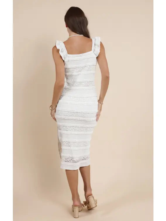 Bay Breeze Ruffle Slv Lace Midi Dress