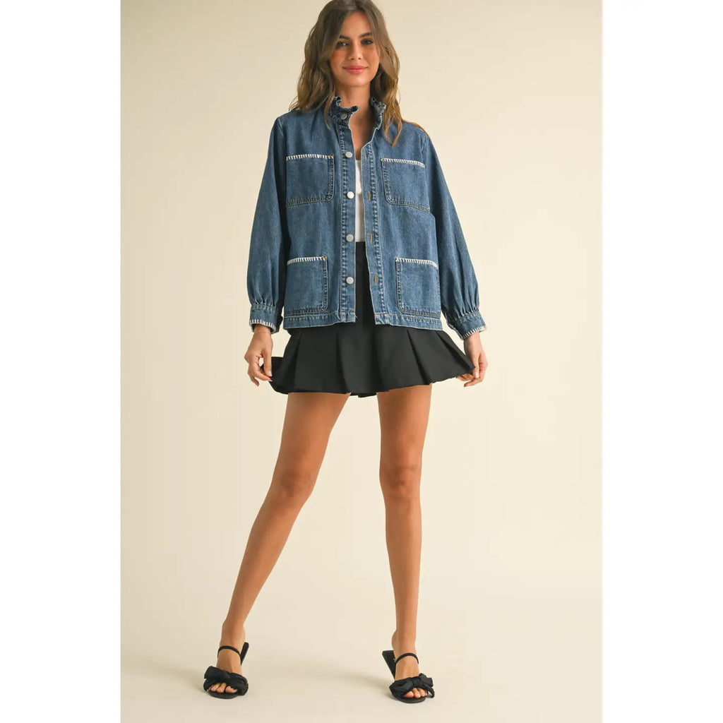 Stitch Detail Ruffled Denim Jacket