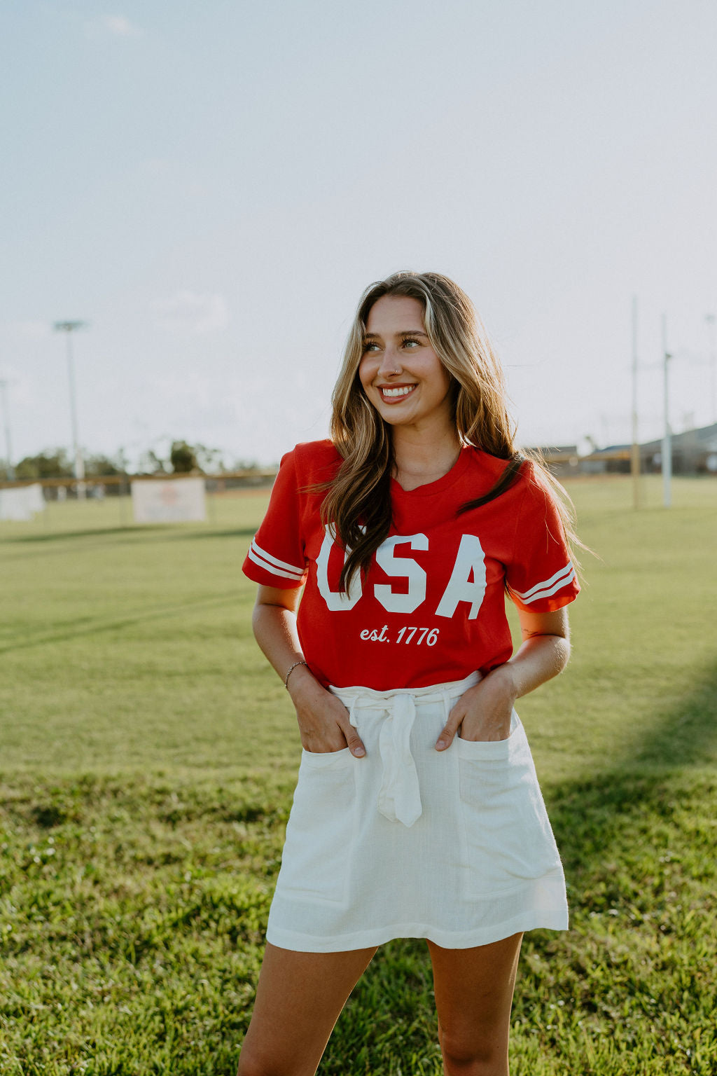 USA Est. 1776 Striped Sleeves Crop Top