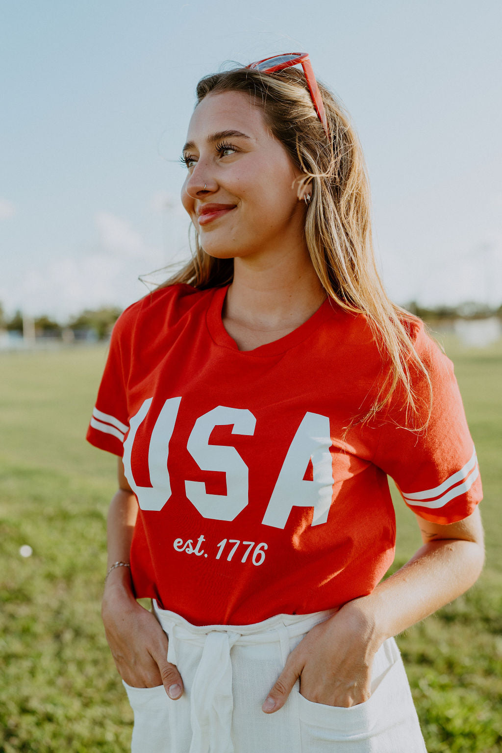 USA Est. 1776 Striped Sleeves Crop Top