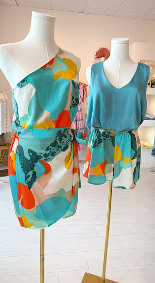 Koi Flower One Shoulder Wrap Mini Dress