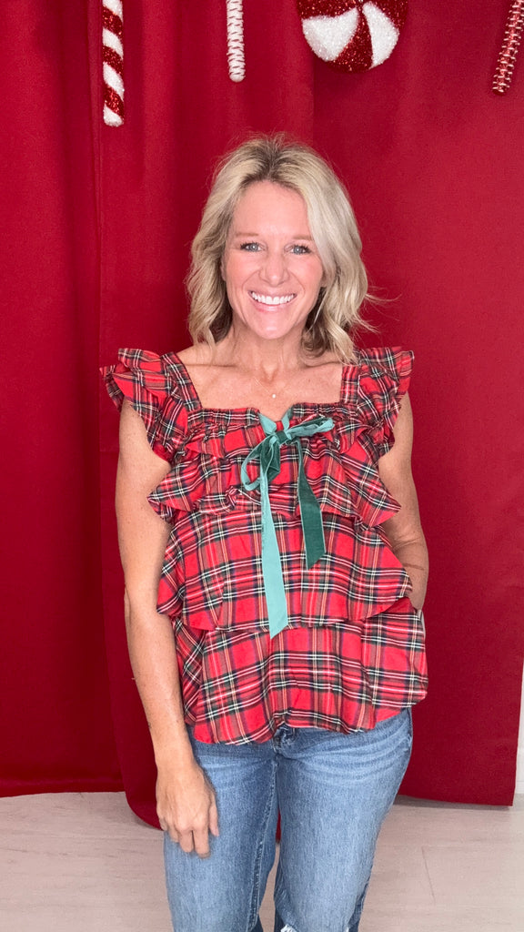 Checkered Plaid Holiday Ruffle Top