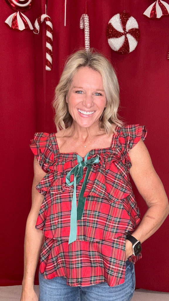 Checkered Plaid Holiday Ruffle Top