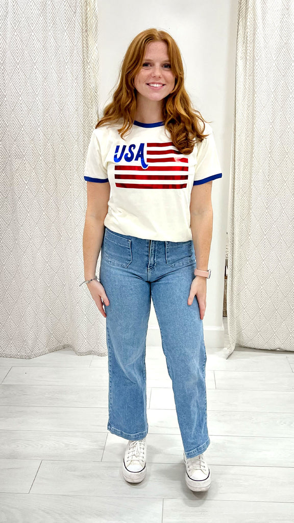 USA Flag Foil Ringer Graphic Top