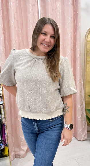 Ruffle Ribbed Knit Hem Wavy Print Top