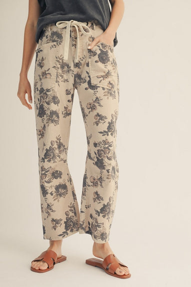 Braided Belt Floral Print Barrel Pants