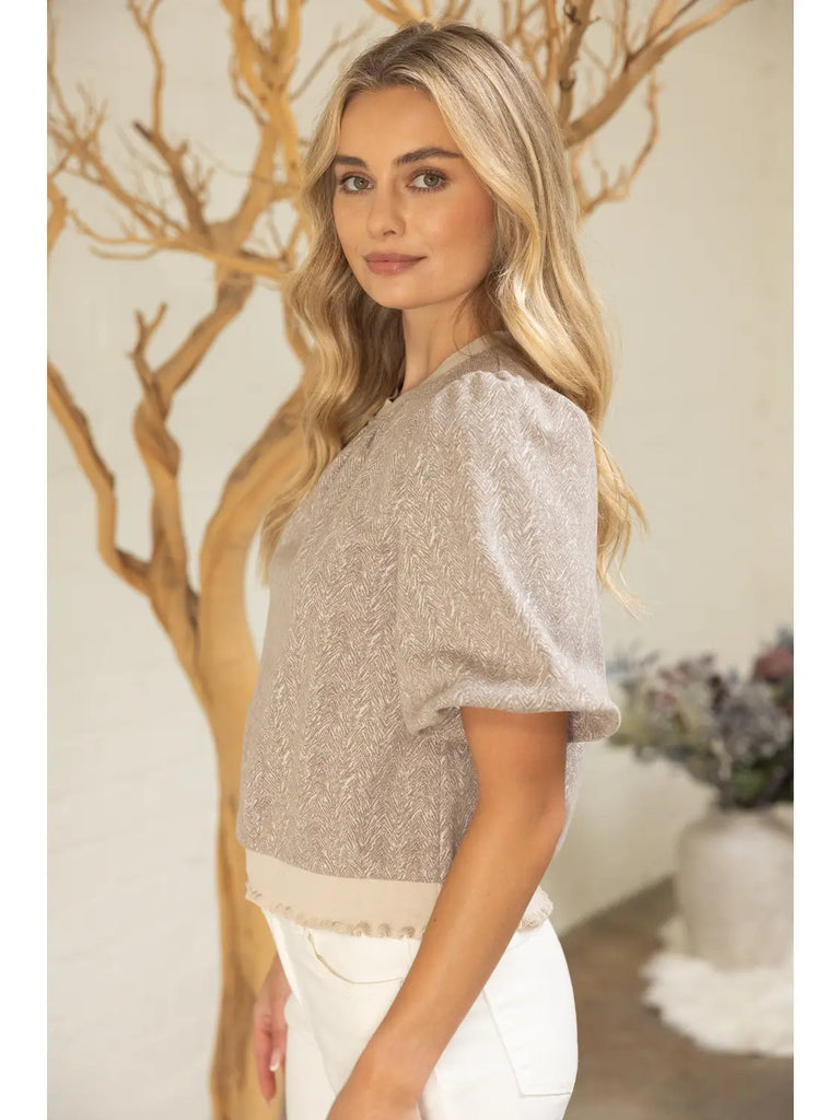 Ruffle Ribbed Knit Hem Wavy Print Top