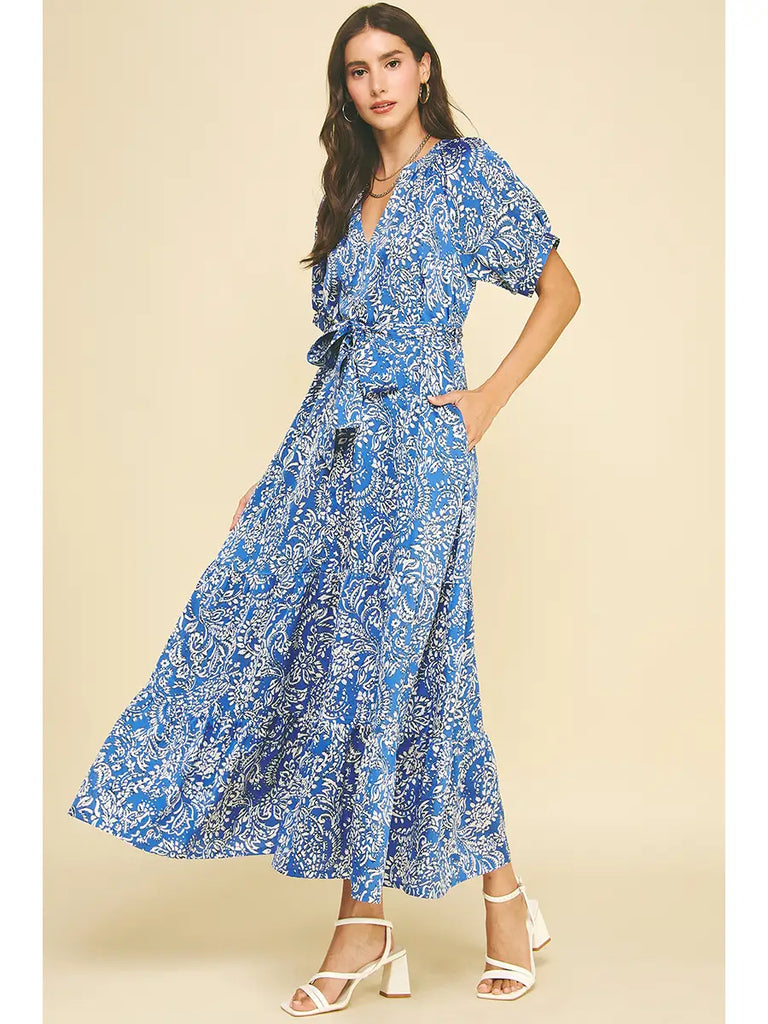 Damask Print Tiered Maxi Dress