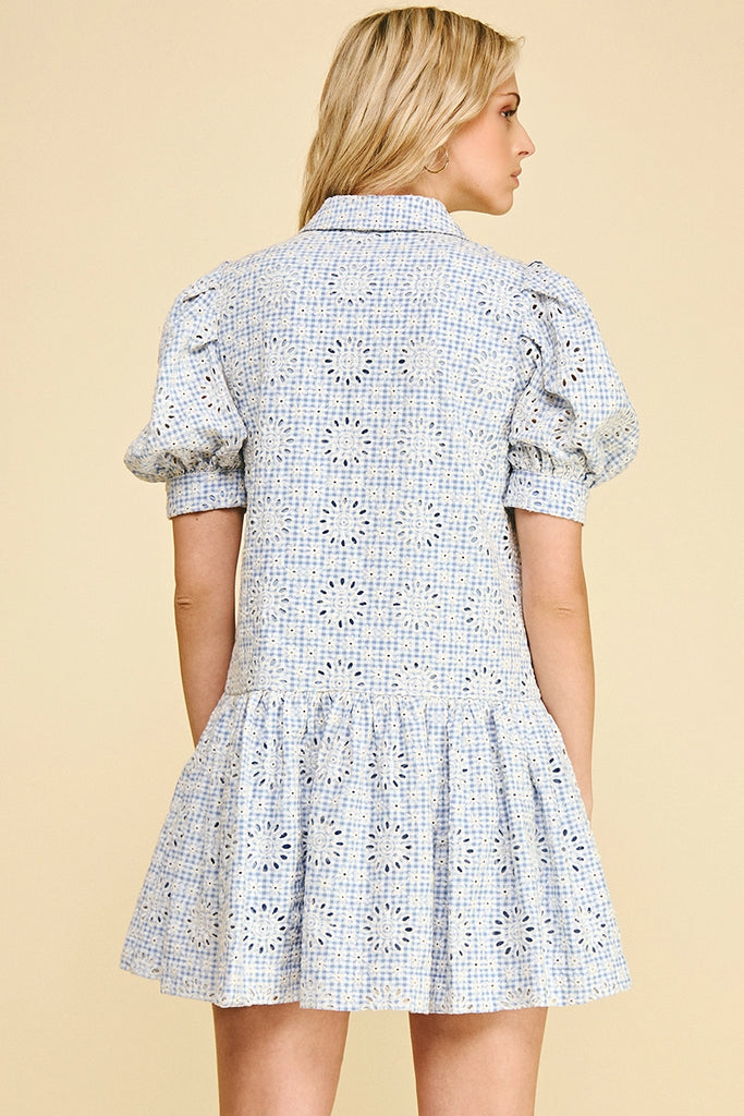 Gingham Eyelet Puff Sleeve Mini Dress