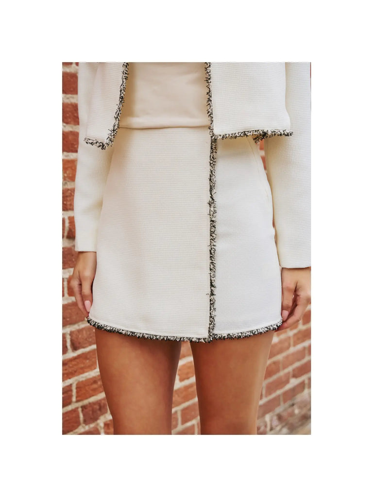 Mixed Fringe Tweed Wrap Mini Skirt