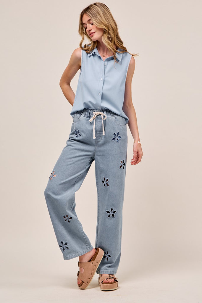 Floral Embroidery Wide Leg Denim Pants
