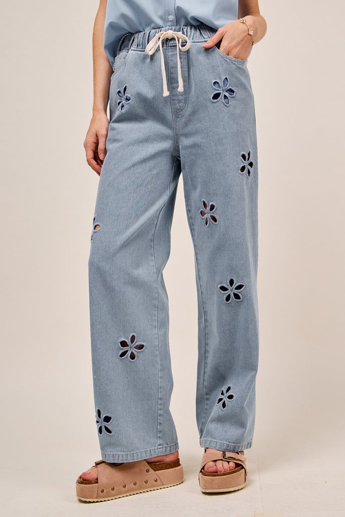 Floral Embroidery Wide Leg Denim Pants