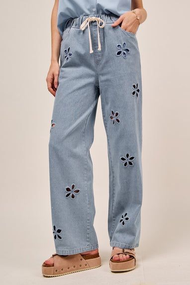Floral Embroidery Wide Leg Denim Pants