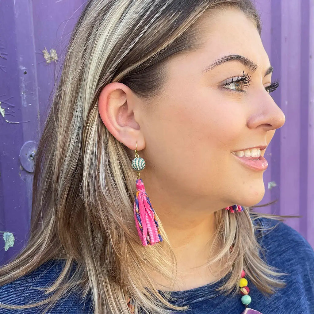 Kantha Dangling Tassel Earrings
