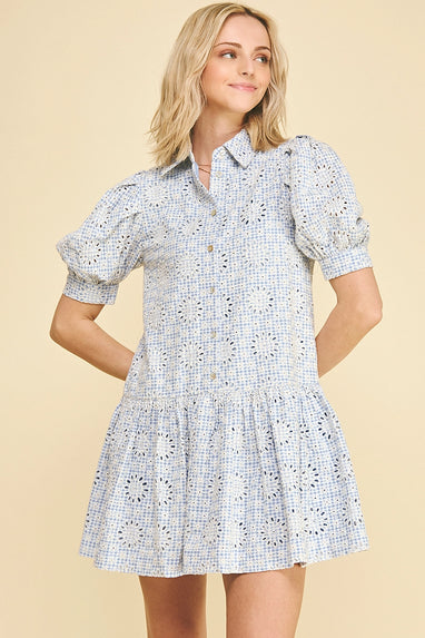 Gingham Eyelet Puff Sleeve Mini Dress