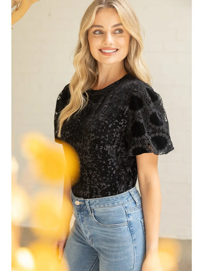 Laced Bubble Sleeve Velvet Jaquard Top