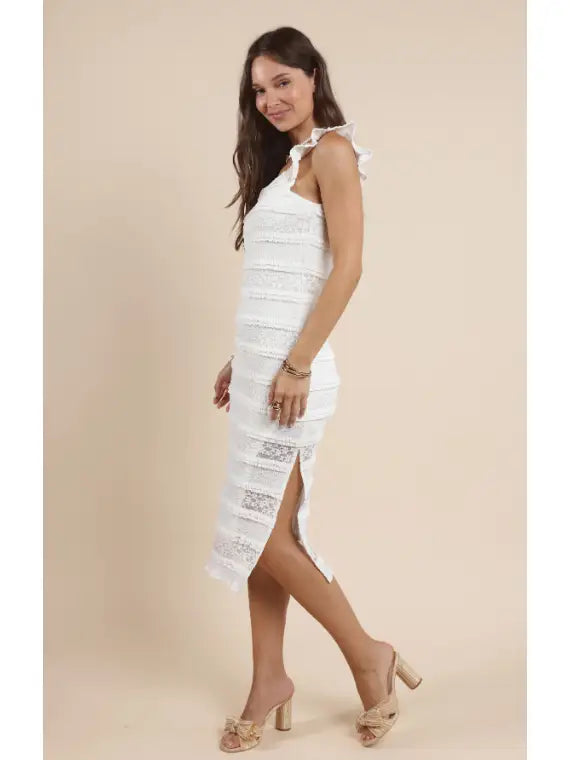 Bay Breeze Ruffle Slv Lace Midi Dress