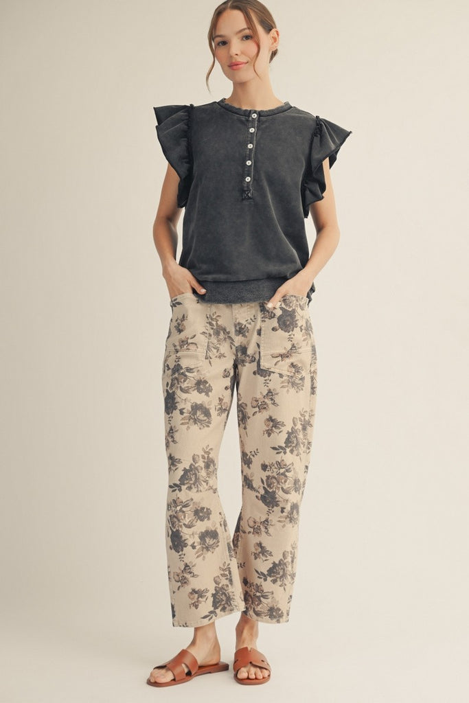 Braided Belt Floral Print Barrel Pants