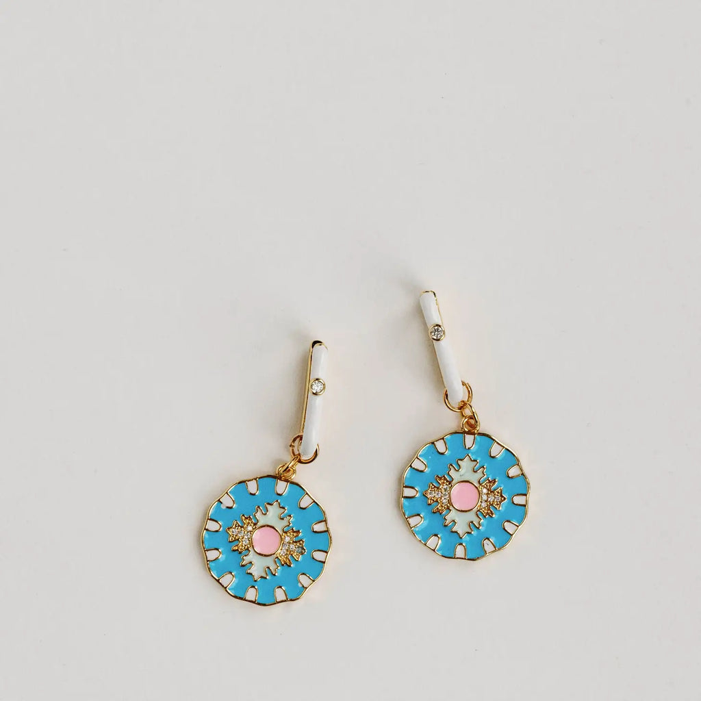 Blue Capri Tile Enamel Charm Statement Earrings