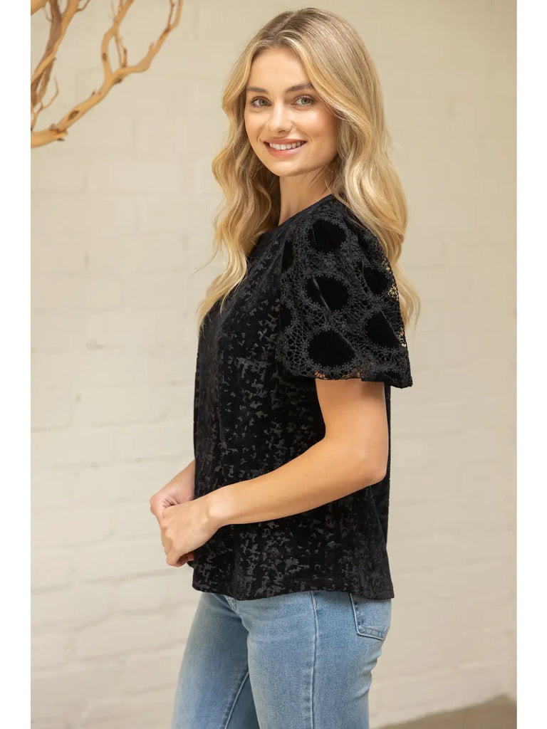Laced Bubble Sleeve Velvet Jaquard Top