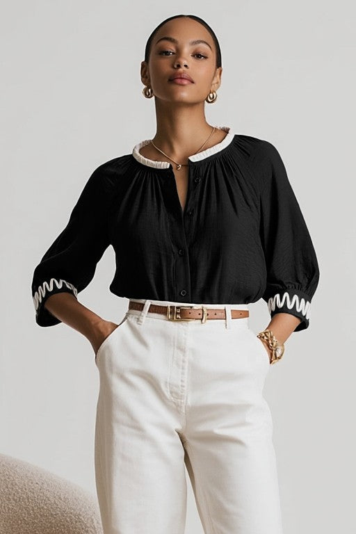 Abstract Applique Popover Blouse