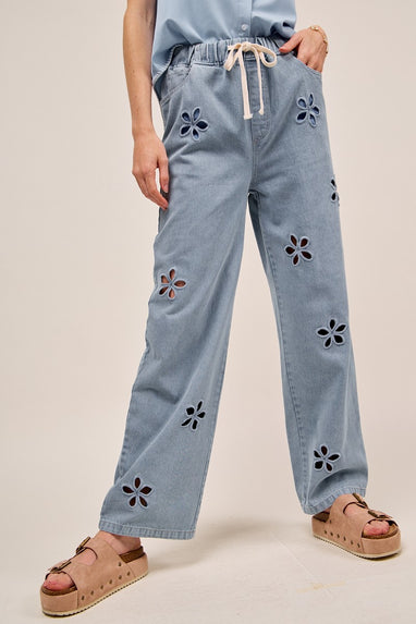Floral Embroidery Wide Leg Denim Pants
