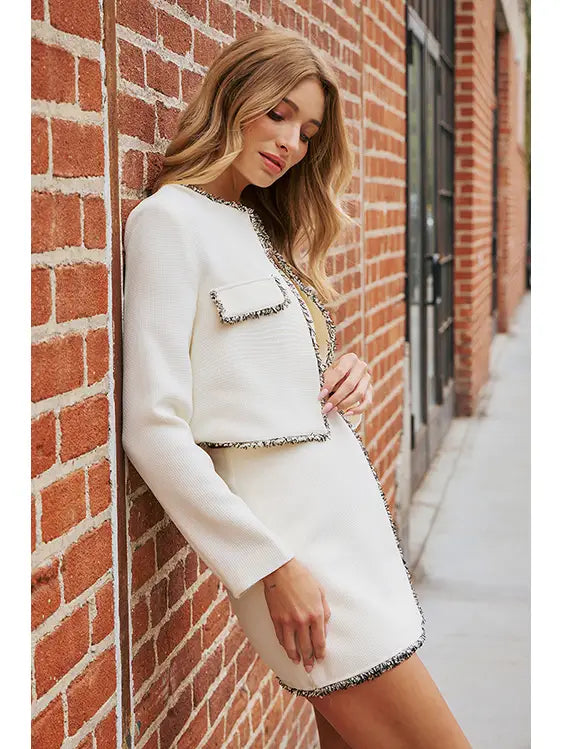 Mixed Fringe Tweed Wrap Mini Skirt