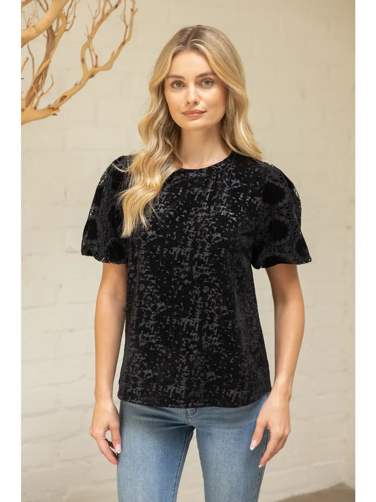 Laced Bubble Sleeve Velvet Jaquard Top