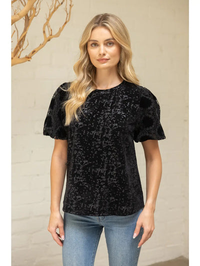 Laced Bubble Sleeve Velvet Jaquard Top