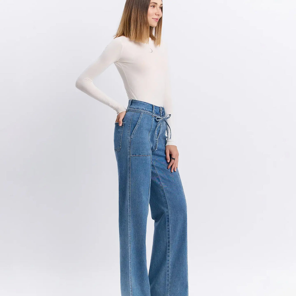 Tia Super High Rise Tie Wide Leg Jeans
