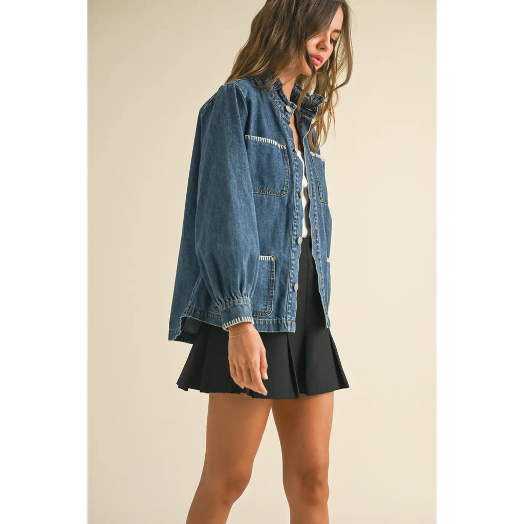 Stitch Detail Ruffled Denim Jacket
