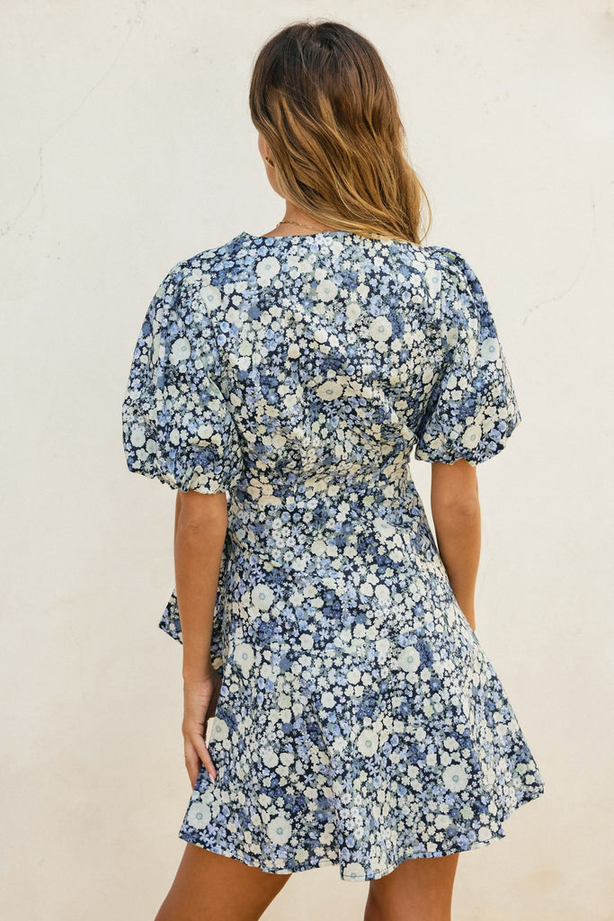 Field Daisies Puff Sleeve Mini Wrap Dress