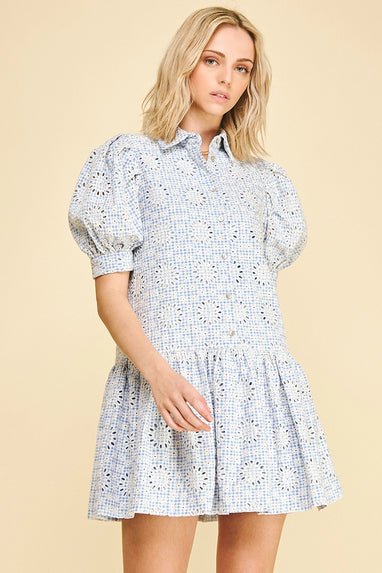 Gingham Eyelet Puff Sleeve Mini Dress