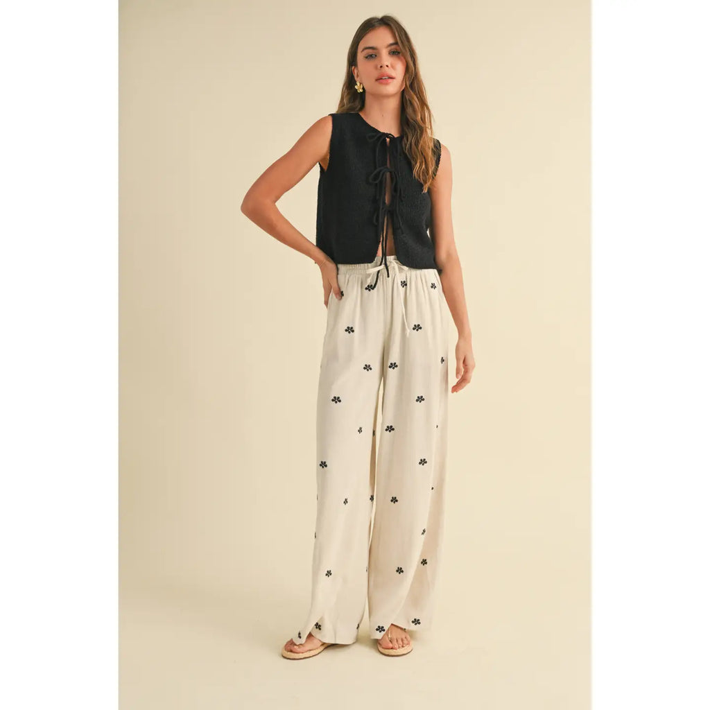 Lucelle Embroidery Detail Linen Pants