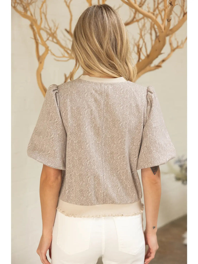 Ruffle Ribbed Knit Hem Wavy Print Top