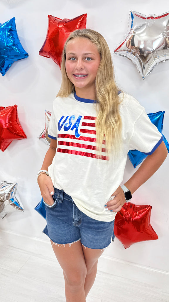 USA Flag Foil Ringer Graphic Top