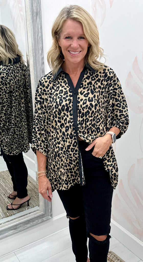 Animal Jacquard Button-Down Tunic Top