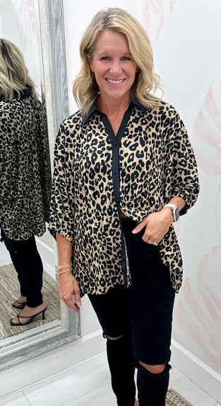 Animal Jacquard Button-Down Tunic Top