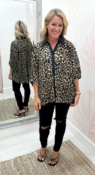 Animal Jacquard Button-Down Tunic Top