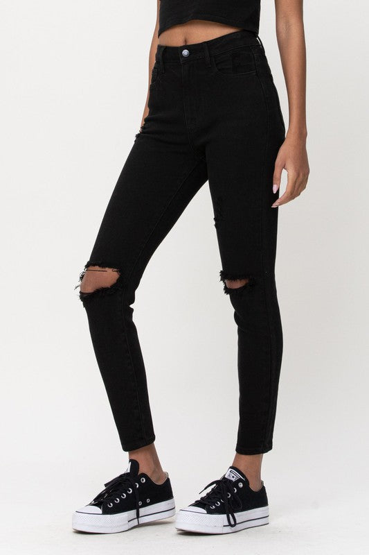 Midnight High Rise Distress Ankle Skinny