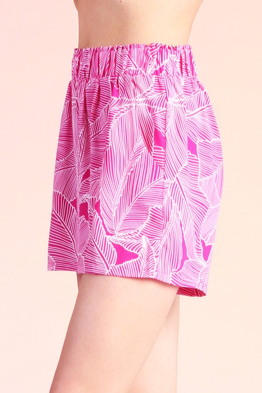Fiddle Leaf Print Mini Ruffle Pocketed Shorts