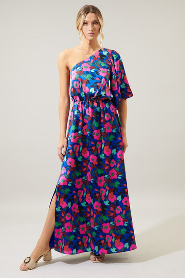 Vivi Berry Floral Meara One Shoulder Satin Dress