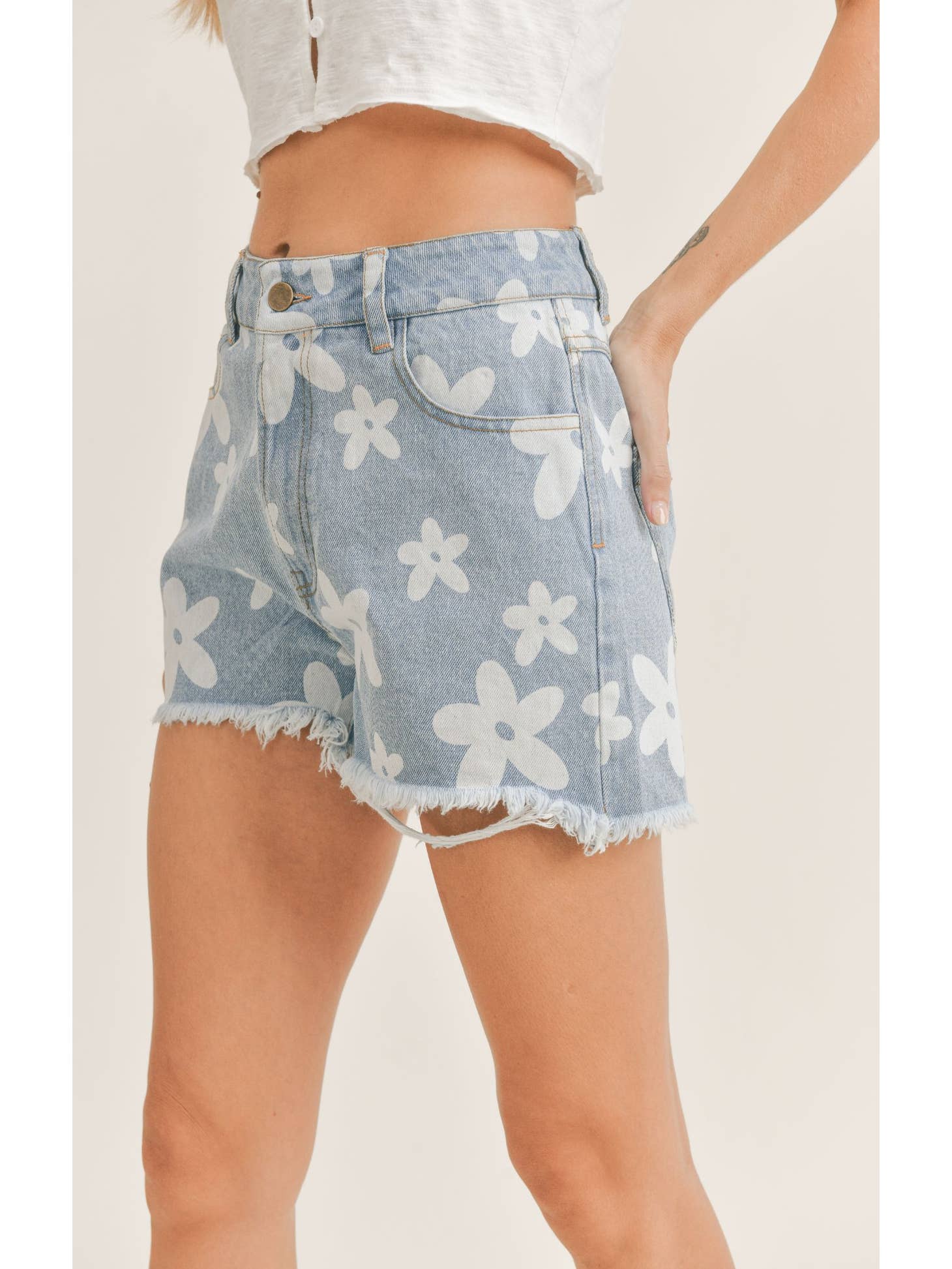 Flower Child Distressed Denim Shorts