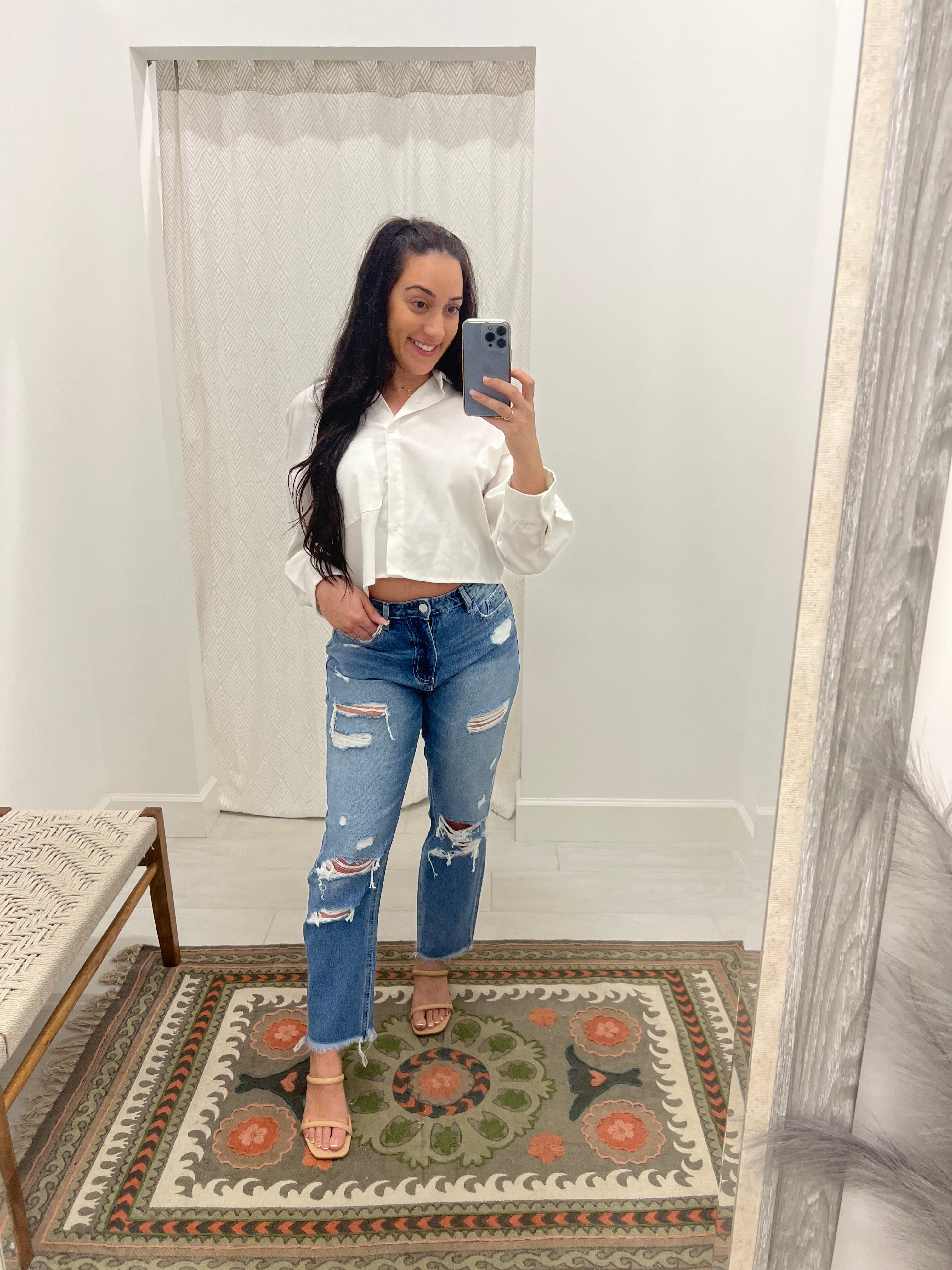 Distressed Raw Hem Mom Jeans - Main Image